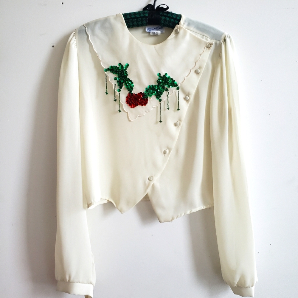 Vintage Cream Blouse with Mistletoe Sequin Detail